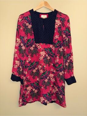 Maeve Navy Top with Coral Trim and Cream Polka Dots